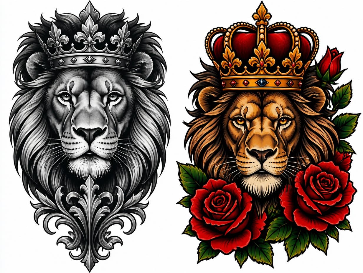 AI-generated black and grey lion tattoo design sample